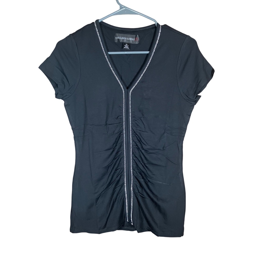 Colleen Lopez Black Short Sleeve Top Women's XS Ruched V Neck